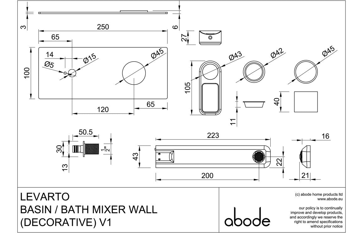 Abode Levarto Wall Mounted Basin/Bath Mixer - Chrome AB2811