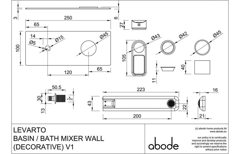 Abode Levarto Wall Mounted Basin/Bath Mixer - Brushed Brass AB2872