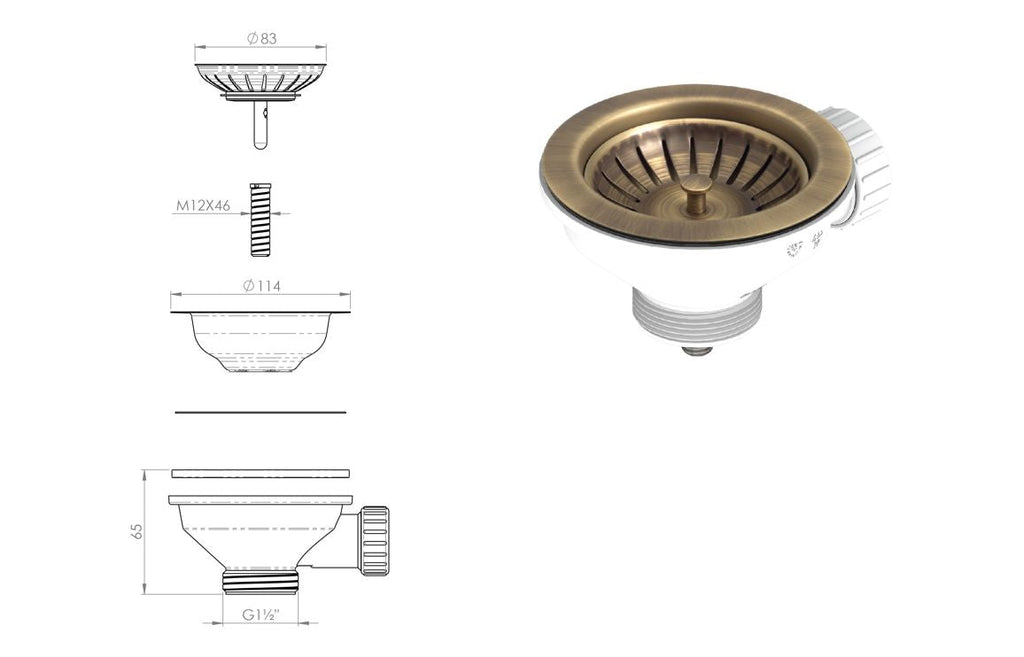 Abode 90mm (1.5") Manual Basket Strainer Waste - Antique Brass AX1136