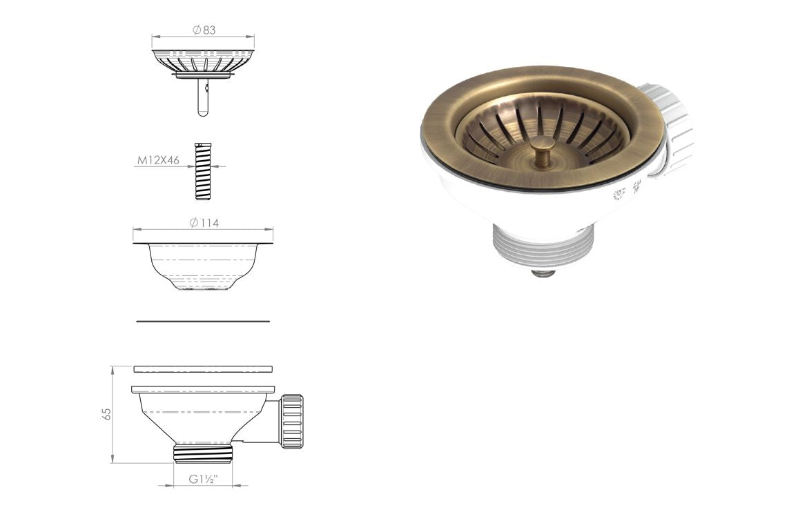Abode 90mm (1.5") Manual Basket Strainer Waste - Antique Brass AX1136