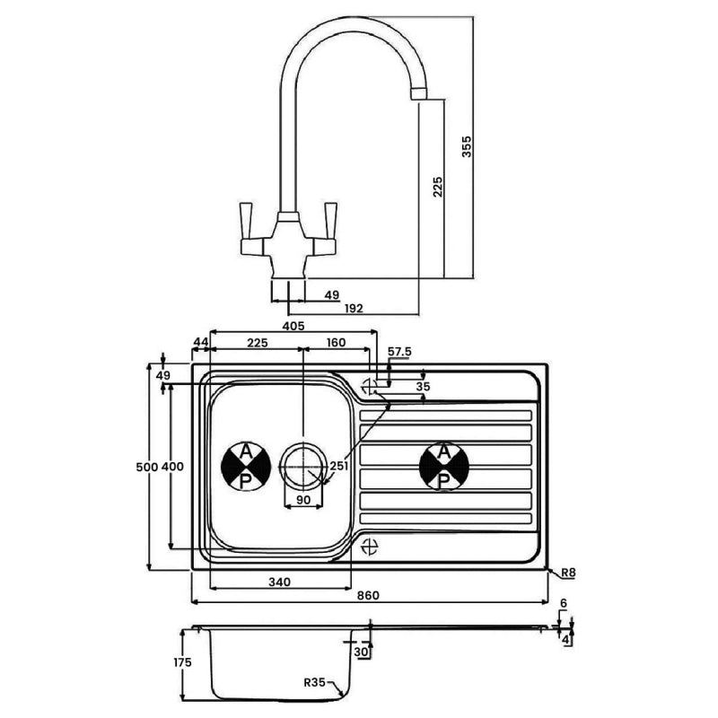 Abode Connekt 1.0 Bowl Inset Kitchen Sink with Astral Sink Tap 860mm L x 500mm W - Stainless Steel