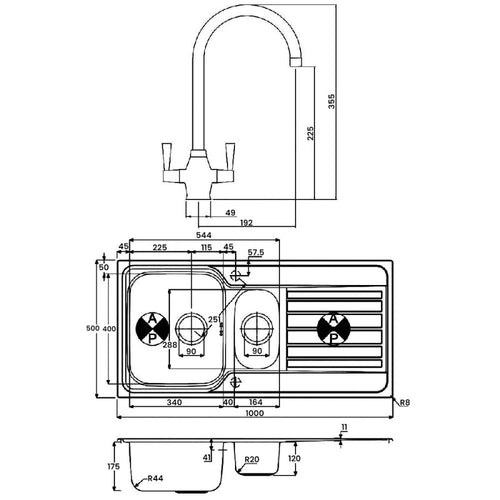 Abode Connekt 1.5 Bowl Inset Kitchen Sink with Astral Sink Tap 1000mm L x 500mm W - Stainless Steel